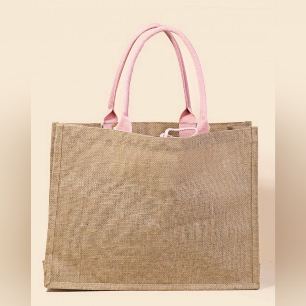 Women's Hello Weekend Light Pink & White Burlap Tote Bag - Picture 2 of 8